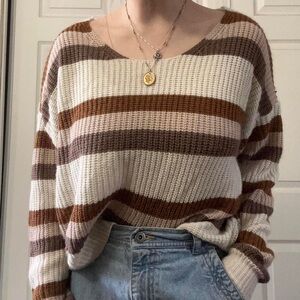 Striped Brown and Cream Women's Sweater Shein Large
